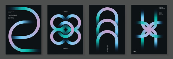 Fototapeta na wymiar Modern gradient poster on dark background vector set. Cover template with vibrant perspective geometric shapes different. Modern Design for wall art, flyers, brochures, covers and web banners.