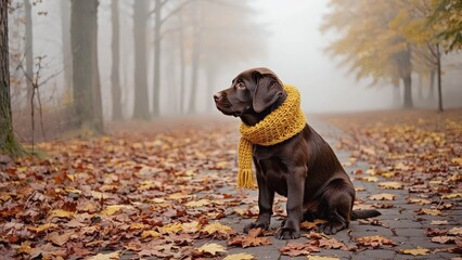 Chocolate Labrador puppy in knitted scarf with autumn park