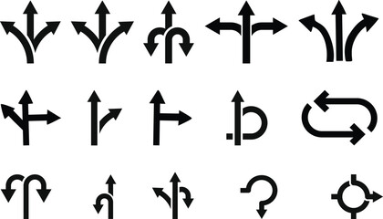 Way direction arrow sign icon set. three arrow, way sign, road direction icon vector. three-way direction arrow sign.Way pointer symbol. Turn arrow navigation sign. Traffic route vector illustration.