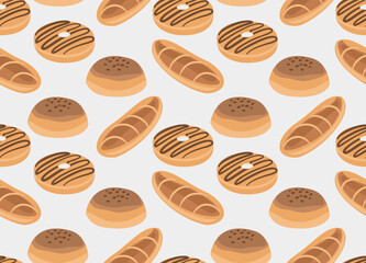 Seamless pattern of assorted bread and pastry, including buns, baguettes, and chocolate-drizzled rolls. Ideal for bakery packaging, textile, and wallpaper design.