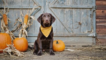 Chocolate Labrador puppy with bandana near wooden fence
