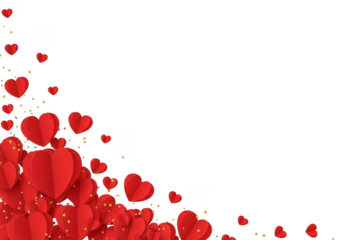 Red hearts with gold confetti isolated on transparent background