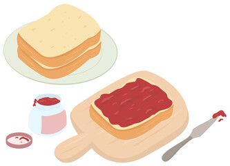Vector illustration of bread slices with strawberry jam spread on a cutting board, accompanied by a small jar of jam and a butter knife. Great for breakfast and homemade food concepts.