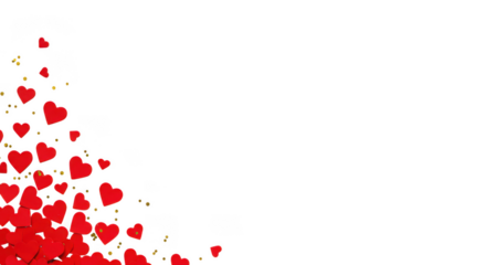 Red hearts with gold confetti isolated on transparent background