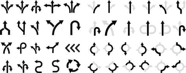 Way direction arrow sign icon set. three arrow, way sign, road direction icon vector. three-way direction arrow sign.Way pointer symbol. Turn arrow navigation sign. Traffic route vector illustration.