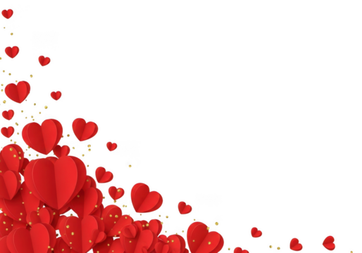 Red hearts with gold confetti isolated on transparent background