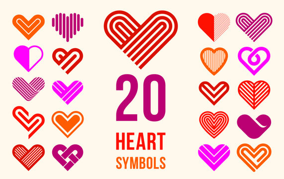 Hearts geometric linear logos vector icons or logotypes set, love care and charity geometrical symbols collection, graphic design modern style elements.