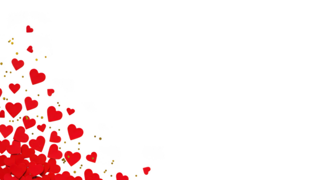 Red hearts with gold confetti isolated on transparent background