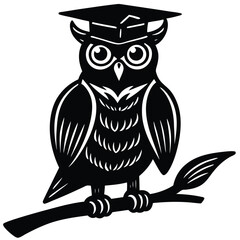 Obraz premium Black owl wearing graduation cap perched on branch