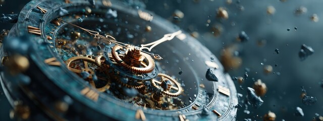 Intricate clock with floating gears and cogs in a dynamic composition