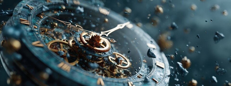 Intricate clock with floating gears and cogs in a dynamic composition