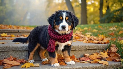 Bernese Mountain puppy in knitted scarf with autumn park