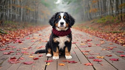 Bernese Mountain puppy in knitted scarf with autumn park