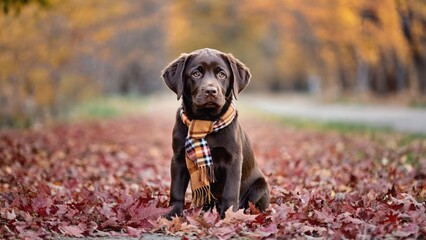 Chocolate Labrador puppy in knitted scarf with autumn park