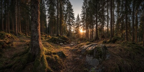 Obraz premium Sunlight streams through a mossy forest