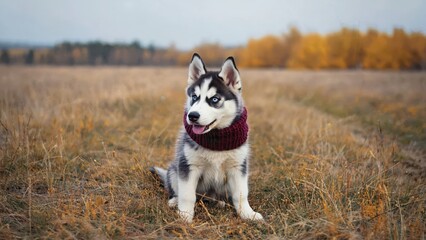 Husky puppy in knitted scarf with autumn field