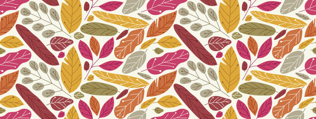 Autumn leaves seamless pattern, vector various fall foliage tiling wallpaper.