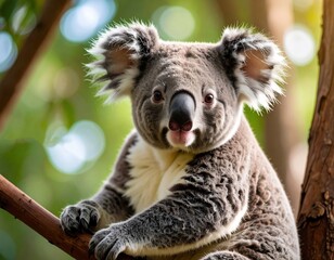 Fototapeta premium Close-up of an adorable koala sitting on a tree branch in natural habitat