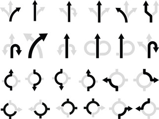 Way direction arrow sign icon set. three arrow, way sign, road direction icon vector. three-way direction arrow sign.Way pointer symbol. Turn arrow navigation sign. Traffic route vector illustration.