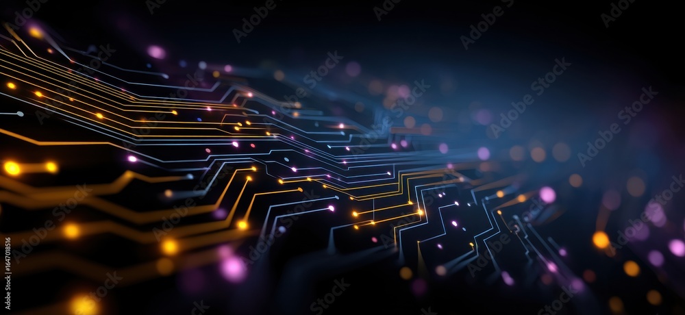 Wall mural abstract circuit board design on a dark background with vibrant glowing lines