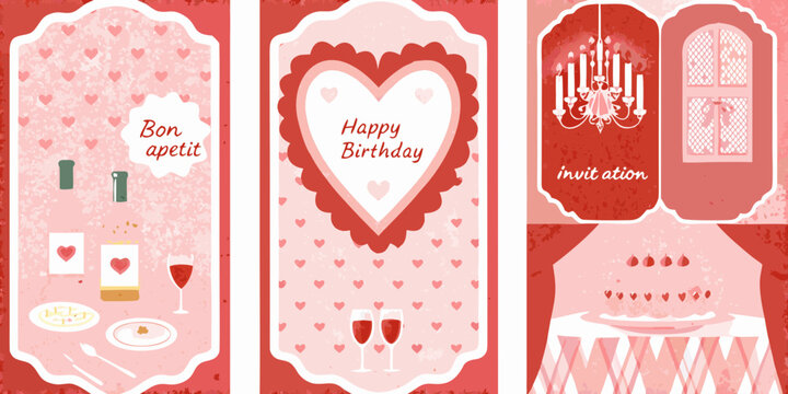 Festive red and pink heart themed celebration cards