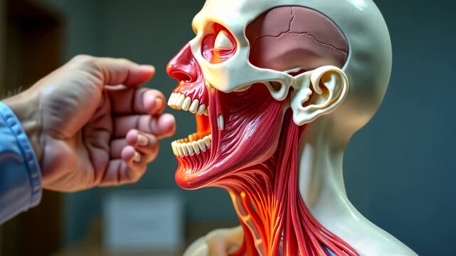 Human anatomy, muscle structure, facial nerves. Tissue health. Capillaries dilate in warm temperatures. Muscle fibers enhance strength training. 3D medical render shows detailed anatomy.