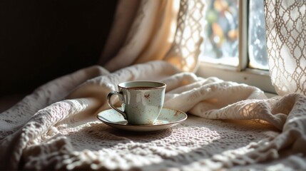 A peaceful morning setting with a cup of coffee by the window, bathed in soft sunlight.