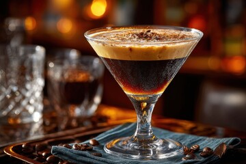 Espresso Martini Cocktail with Coffee Beans on a Blue Napkin
