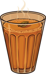Hot Indian Masala Chai in Glass with Cardamom, Steaming Traditional Beverage Illustration