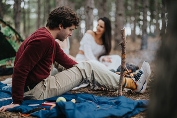 A man and woman relax near a campfire during a forest camping adventure. Surrounded by nature, they enjoy the serenity of the woods, sitting on a blanket beside their pitched tent.