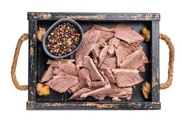 Cooked Boiled lamb meat in wooden tray isolated on white background