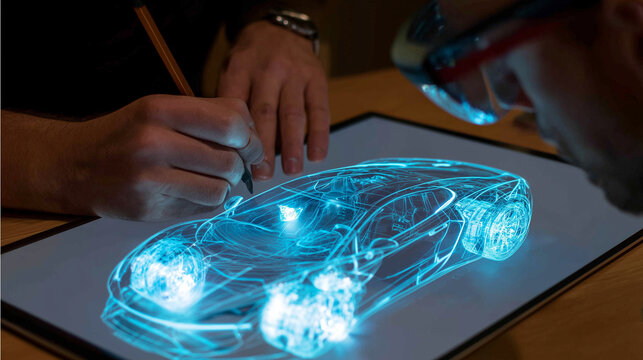 AI, drawings of a spor car on the drafting table are turned into a 3D holographic model with the help of the augmented reality service - Powered by Adobe