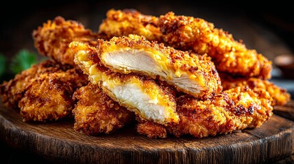 Crispy fried chicken pieces on a wooden board.