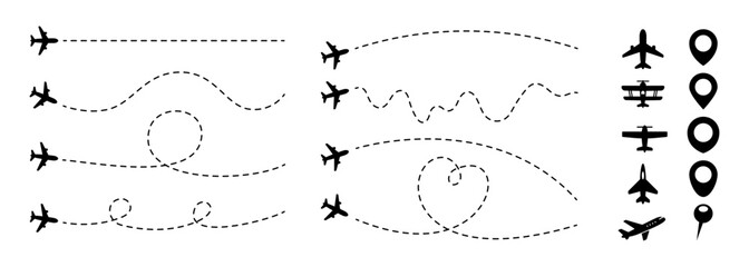 Airplane Dashed Flight Paths with Map Pins – Travel Route Vector