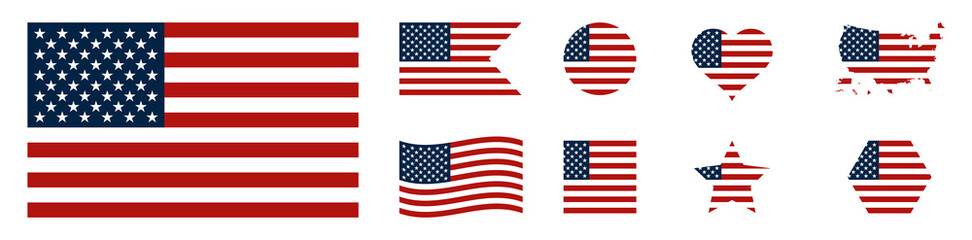 USA Flag Icons Set – Stars and Stripes Shapes and Map Vector