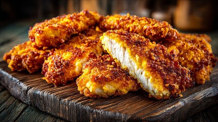 Crispy fried fish fillets on a wooden board.