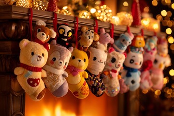 Fototapeta premium Cozy Christmas stockings hanging over a warm fireplace, perfect for holiday greetings, family memories, and festive decor