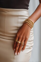 Elegant gold bracelets and rings on a stylishly posed woman's hand