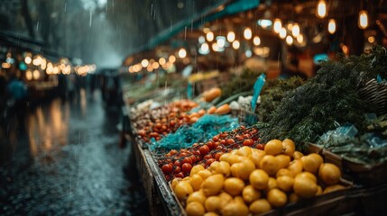 A vibrant street market stall overflowing with fresh produce like tomatoes and lemons, glistening in the rain with blurred lights in the background