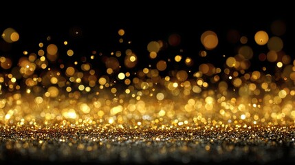 Golden glitter bokeh background with glowing light effects.