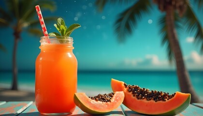 "Papaya Juice Drink Under Palm Tree by the Beach"