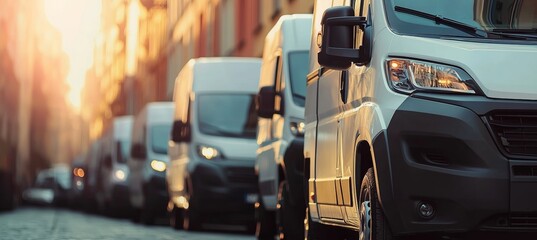 Urban delivery scene A vibrant white van convoy navigating through a bustling city park area.
