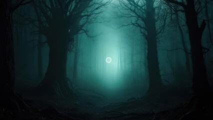 Ethereal Glow: Mystical Forest with Luminous Ring in Foggy Atmosphere