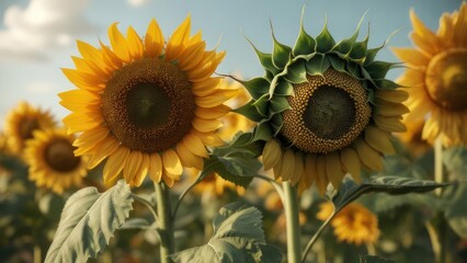 Sunflower Field Close-Up: Golden Blooms and Budding Beauty Against a Soft Blue Sky