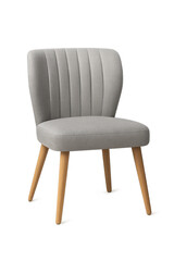 Fototapeta premium Photo of a stylish grey textured armchair with wooden legs, isolated on transparent background, representing modern and comfortable home furniture design