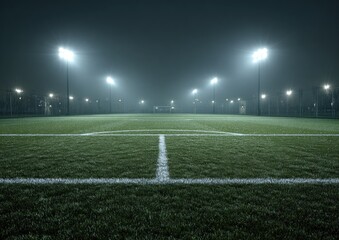 Empty soccer field at night, bathed in stadium lights. Foggy, wet grass