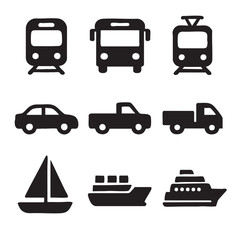 Silhouetted Fleet Icons — Trains, Cars, Trucks & Boats (Black)

