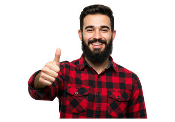 Smiling man giving thumbs up gesture in flannel shirt