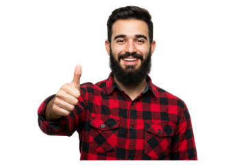 Smiling man giving thumbs up gesture in flannel shirt