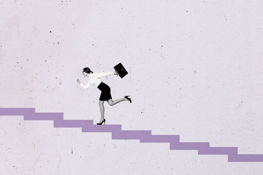 Banner artwork trend collage of happy businesswoman businessman stand career ladder promotion success development goal chance - Powered by Adobe